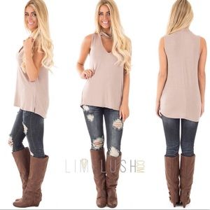 Taupe Knit Tank with Mock Collar & Cut Out V Neck